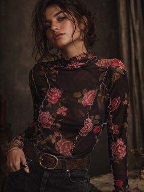 Free people charlie sheer pink and black floral mock neck long sleeve